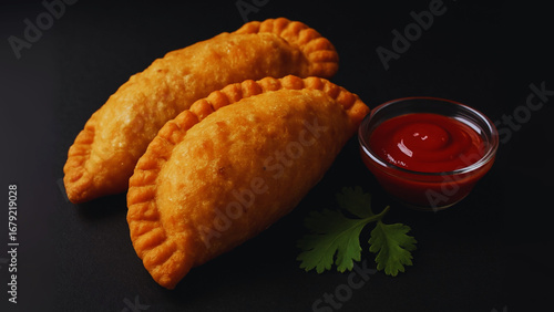 Sri Lankan Patties with Ketchup and Coriander Garnish – Traditional Snack Close-Up 