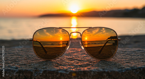 Wallpaper Mural Clear sunglasses on concrete surface. Reflection of ocean sunset. Summer holiday travel concept. Beach vacation. Torontodigital.ca