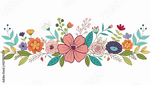 Vector art of a charming floral arrangement featuring a delightful mix of colorful flowers and lush green leaves, perfect for adding a touch of nature