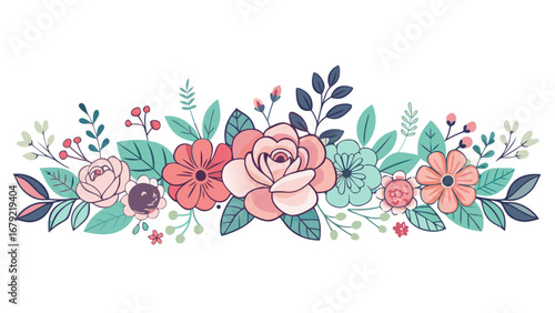 Vector art of beautiful floral arrangement with roses, leaves, and branches, perfect for wedding invitations or greeting cards
