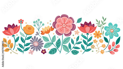 Vector art of colorful floral border with various flowers and leaves, ideal for spring and summer designs and decorations