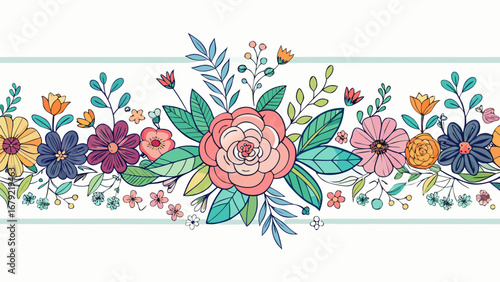 Vector art of elegant floral border with roses and assorted flowers, perfect for wedding invitations and decorative designs
