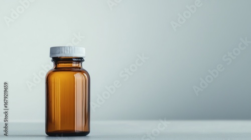 A brown glass medicine bottle with a white cap, placed on a white surface with a light gray background.