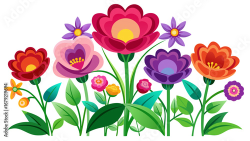 Vector art of a colorful floral arrangement with various flowers and leaves, perfect for adding a touch of spring or summer to any design