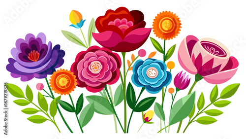 Vector art of colorful floral arrangement with various flowers and leaves, a decorative ornament for spring and summer