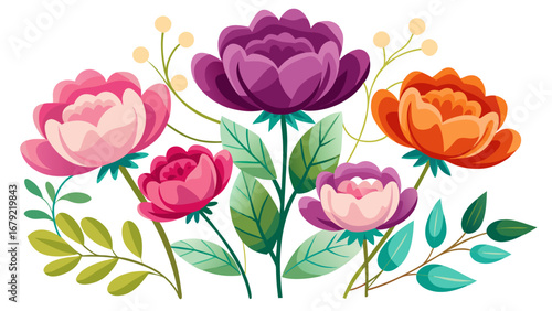 Vector art of a colorful floral arrangement featuring various flowers and leaves, a decorative ornament for spring and summer