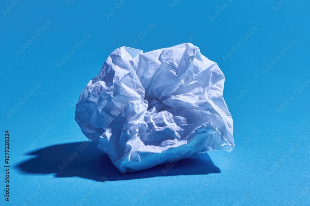 Fototapeta premium Crumpled white paper ball on a vibrant blue background