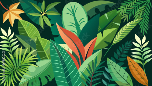 Vector art of lush tropical leaf pattern with exotic foliage, a botanical jungle design for wallpaper, textile, and decoration, an artistic drawing with a creative style