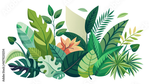 Vector art of tropical foliage arrangement, featuring a vibrant collection of leaves and plants in a decorative botanical design