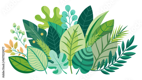 Vector art of tropical green leaves arrangement for decoration, invitation, poster, cover, label, sticker, print, textile, fabric