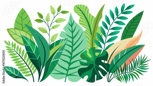 Vector art of vibrant tropical foliage illustration featuring a variety of lush green leaves, creating a botanical design with a fresh and natural feel