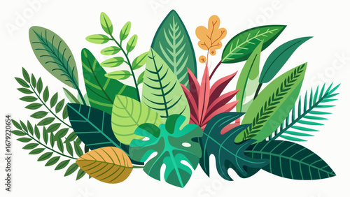 Vector art of lush tropical foliage illustration showcasing a variety of vibrant leaves in green, teal, and brown colors, creating a botanical design