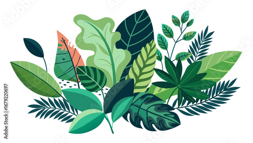 Vector art of tropical leaves arrangement, featuring a variety of green foliage, perfect for adding a touch of nature to any design