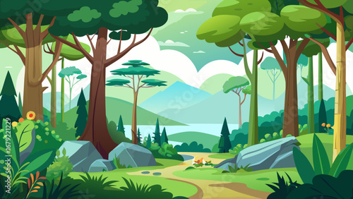 Vector art of lush forest landscape with towering trees, winding path, and distant mountains, creating a serene and inviting outdoor scene, perfect for nature lovers