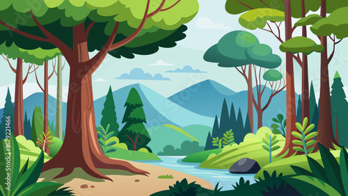 Vector art of tranquil forest landscape with a flowing river, lush trees, and distant mountains, creating a serene and inviting natural environment for exploration