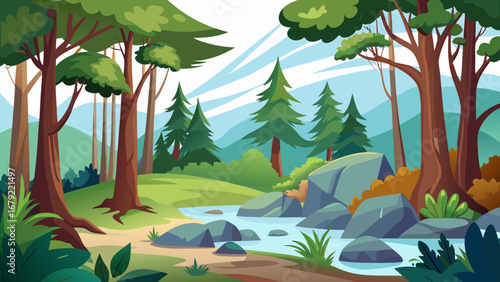 Vector art of lush green forest landscape with a flowing river, towering trees, and distant mountains creating a serene and inviting natural scene