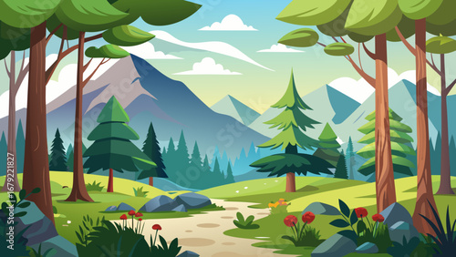 Vector art of idyllic forest landscape with a winding path leading towards majestic mountains, showcasing the beauty of nature in a serene and peaceful outdoor setting