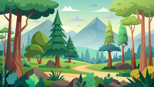 Vector art of a picturesque cartoon landscape showcases a winding path through a vibrant forest, framed by towering trees and distant mountains under a bright sky