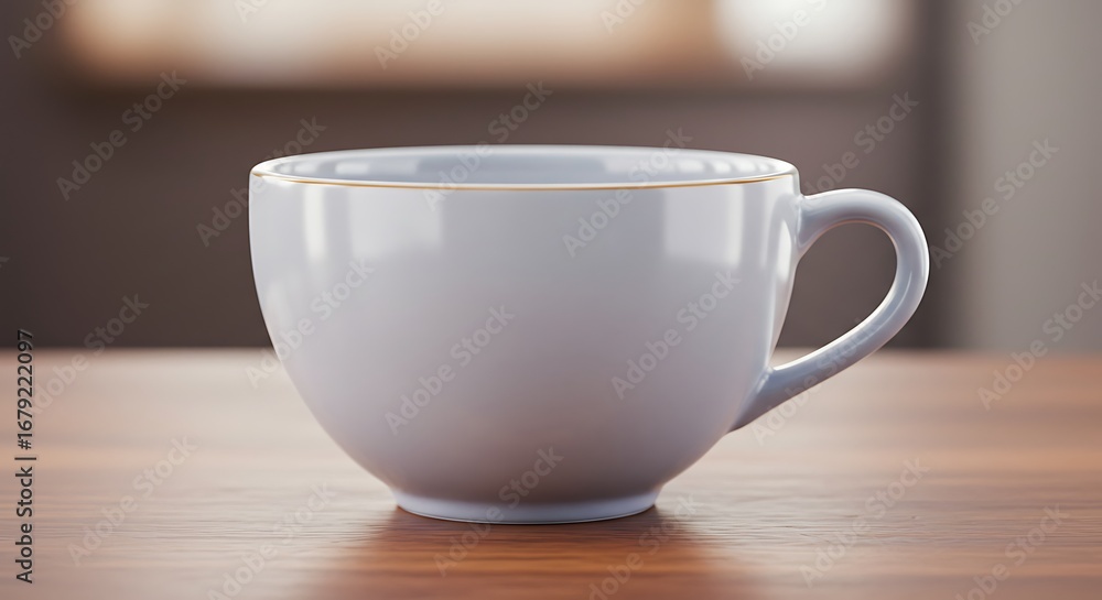 Fototapeta premium Elegant White Ceramic Cup with Gold Rim on Warm Wooden Table