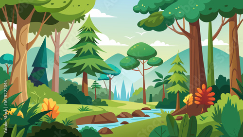 Vector art of lush forest landscape featuring a flowing river, vibrant trees, and a serene atmosphere, perfect for outdoor adventures and nature exploration in a peaceful setting
