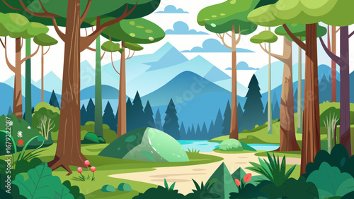 Vector art of lush green forest landscape with tall trees, mountains, and a winding river, creating a serene and inviting natural scene for outdoor exploration