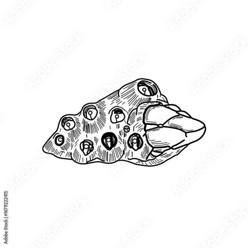 Detailed Line Art of a Barnacle Cluster with Visible Internal Structures