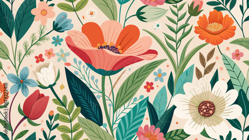 Floral pattern with colorful flowers and leaves on a light cream background