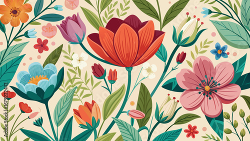 Colorful floral pattern with various flowers and leaves on a light background