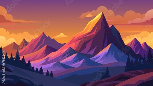 Colorful mountain landscape with sunset sky and trees in the foreground