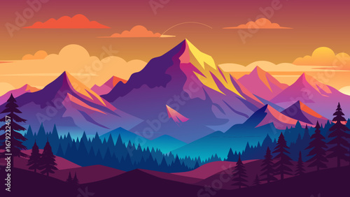 Colorful mountain landscape with forest and sunset in a vector illustration