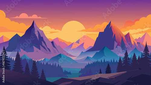 A serene mountain landscape with a vibrant sunset casting warm hues