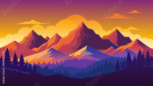 Vector illustration of a mountain range at sunset with a colorful forest view