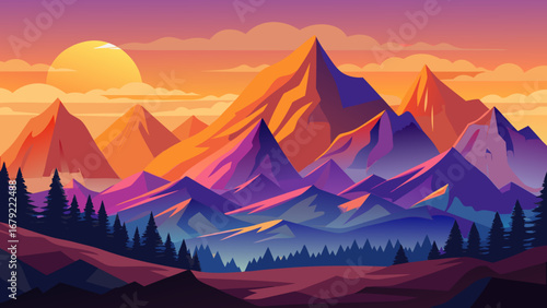 Scenic mountain landscape with a vibrant sunset and a dense forest illustration