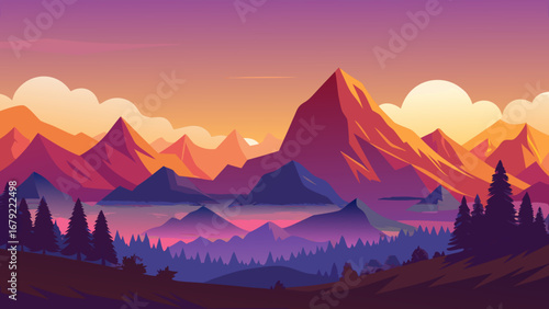 A picturesque mountain range at sunset with a forest in the foreground