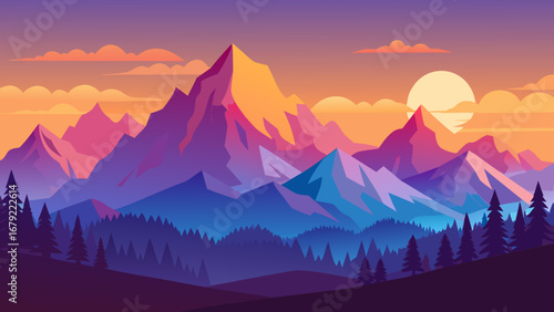 Illustration of a mountain range with a sunset and forest landscape view
