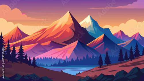 Colorful mountain landscape with lake and trees in a vector illustration art