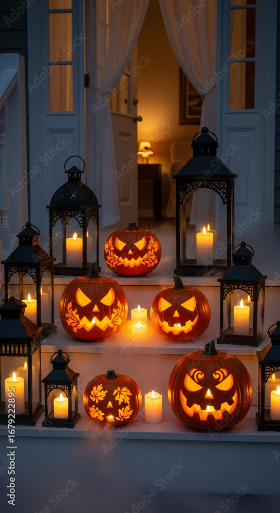 Fototapeta premium Lit jack-o'-lanterns and lanterns on porch steps create a Halloween scene, symbolizing autumn, festivity, and spooky celebration