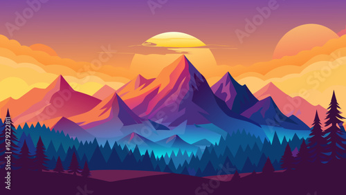 A vibrant mountain landscape with a stunning sunset and a dense forest below