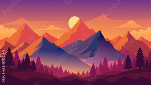 A breathtaking mountain landscape with a vibrant sunset and silhouette trees