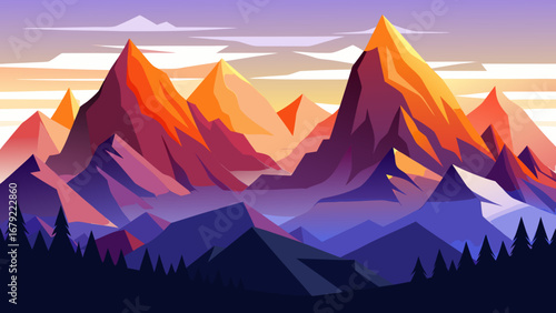 A vibrant mountain landscape with jagged peaks and colorful sky in the background