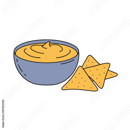 Delicious Cheese Dip with Tortilla Chips, Appetizing Snack Illustration.