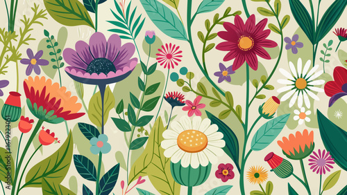 Colorful floral pattern with various flowers and leaves on a light beige background