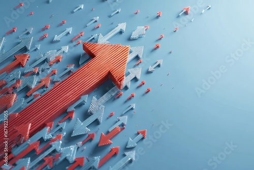 Red arrow leads group of arrows upwards symbolizing growth and success.