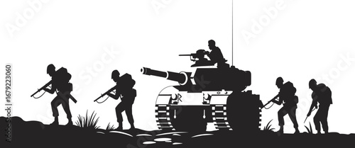 Black and white silhouette of soldiers and tank advancing in battle, military warfare, combat scene, army, armed forces, war zone.