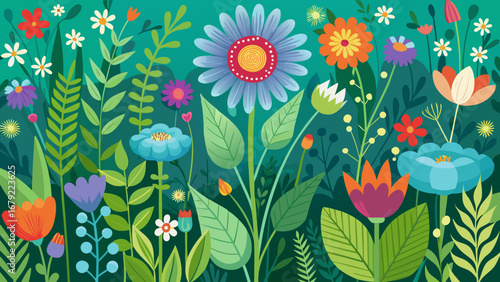 A colorful floral pattern with vibrant flowers and lush green foliage