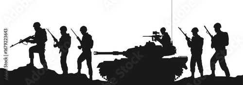 Black and white silhouette of soldiers and tank advancing in battle, military warfare, combat scene, army, armed forces, war zone.