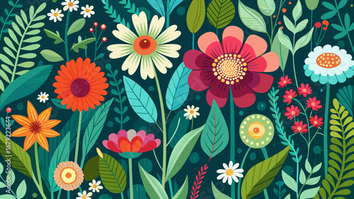 A vibrant floral pattern with colorful flowers and lush green leaves