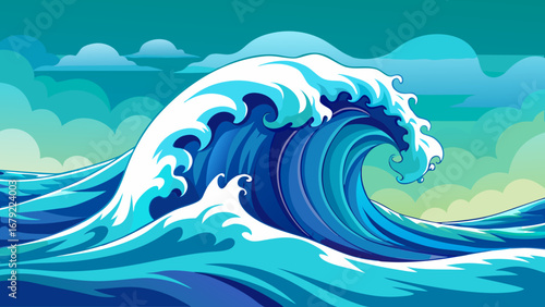 A vibrant ocean wave crests under a cloudy sky, a dynamic seascape