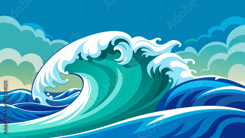 A vibrant illustration of a large ocean wave with a foamy crest and blue sky