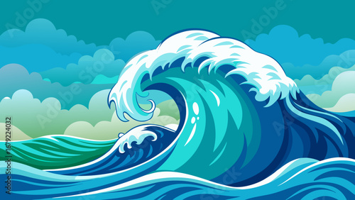 Cartoon wave illustration with a dynamic and vibrant scene of ocean power